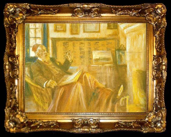 framed  Peter Severin Kroyer ved kaminilden, portrat af holger drachmann, ta009-2